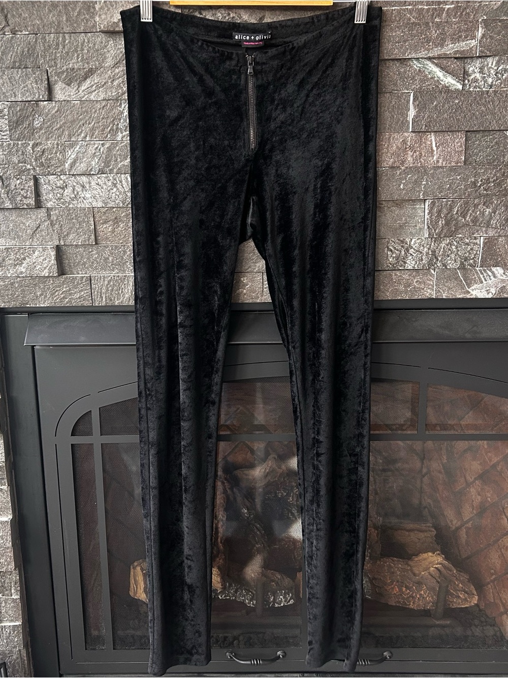 Alice + Olivia Black Velvet Zipper Leggings